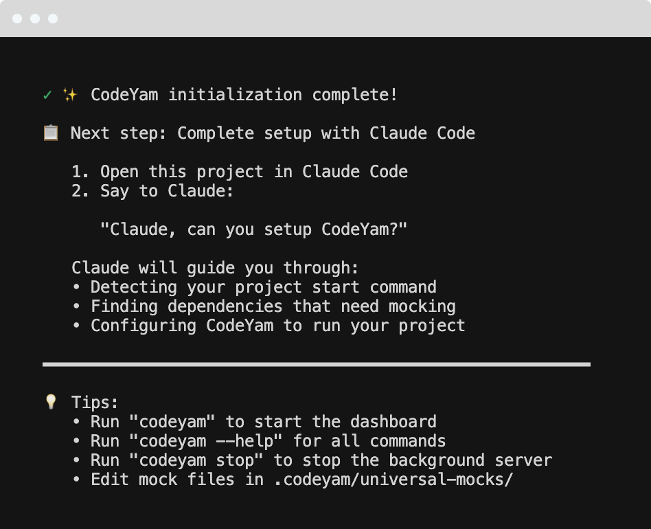 CodeYam initialization complete terminal output